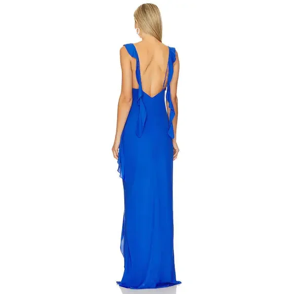 Revolve Amanda Uprichard Cantara Gown Cobalt blue ruffle design  S New $277 msrp - Picture 3 of 9